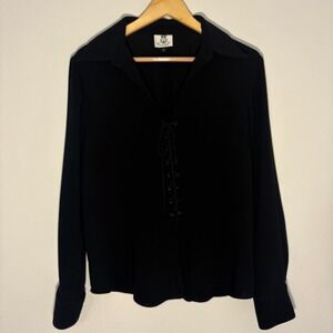 Renfrew Black Lace Up Front Long Sleeve Blouse Top Size L Made in USA